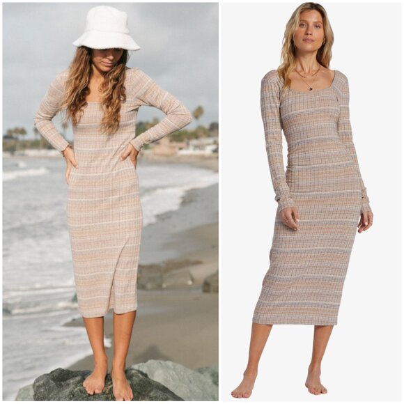 Billabong Be My Belle Midi Dress Knit Ribbed Bodycon Long Sleeve size L Resort - Picture 1 of 12